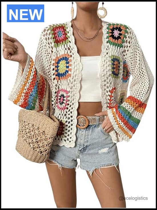 Sweaters - Floral Crochet Open Front Cardigan Sweater Long Sleeve Lightweight